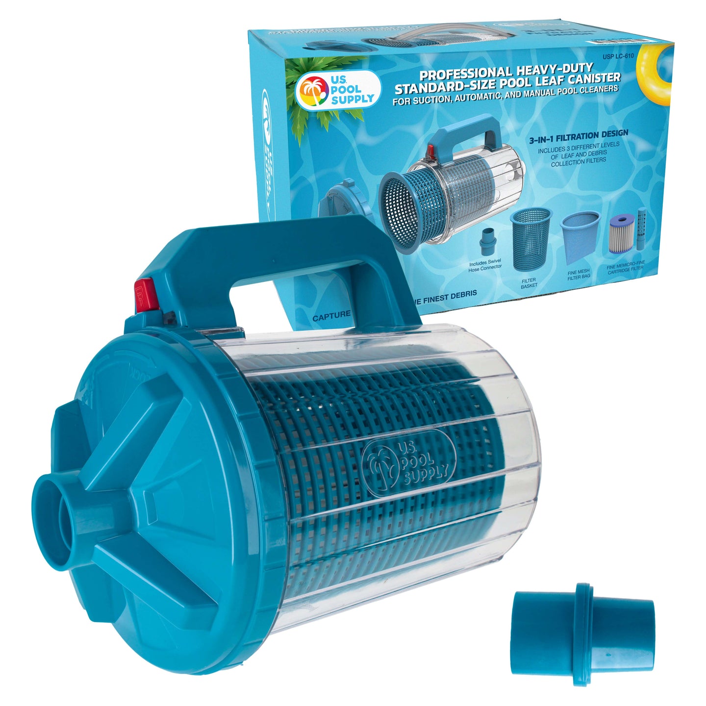 Pool Leaf Canister - Heavy Duty Inline Pool Leaf Catcher, 3-in-1 Filtration (3 Filters, Basket, Mesh Bag & Micro-Cartridge) - Fits 1.5" Hoses, Catch Leaves, Inground Vacuum Cleaner