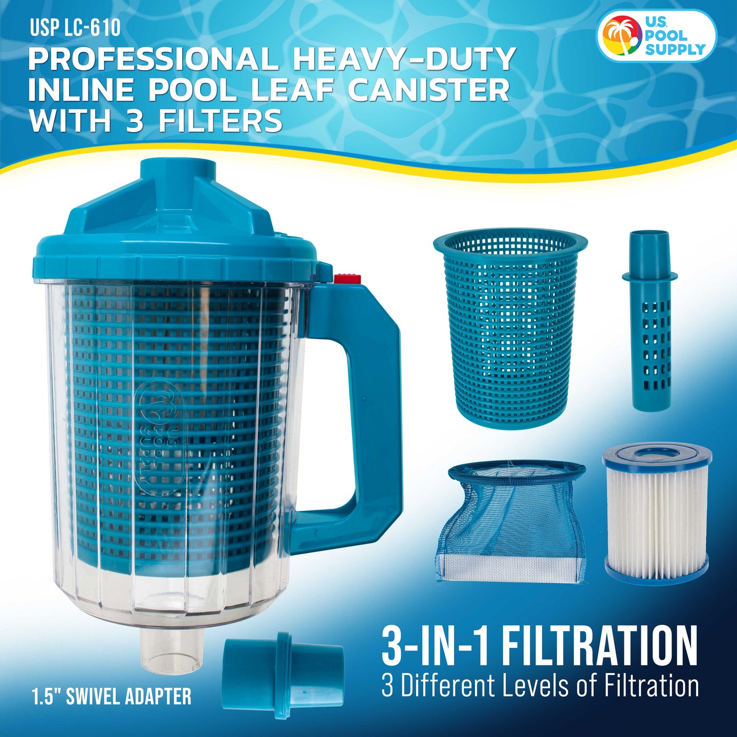 Pool Leaf Canister - Heavy Duty Inline Pool Leaf Catcher, 3-in-1 Filtration (3 Filters, Basket, Mesh Bag & Micro-Cartridge) - Fits 1.5" Hoses, Catch Leaves, Inground Vacuum Cleaner