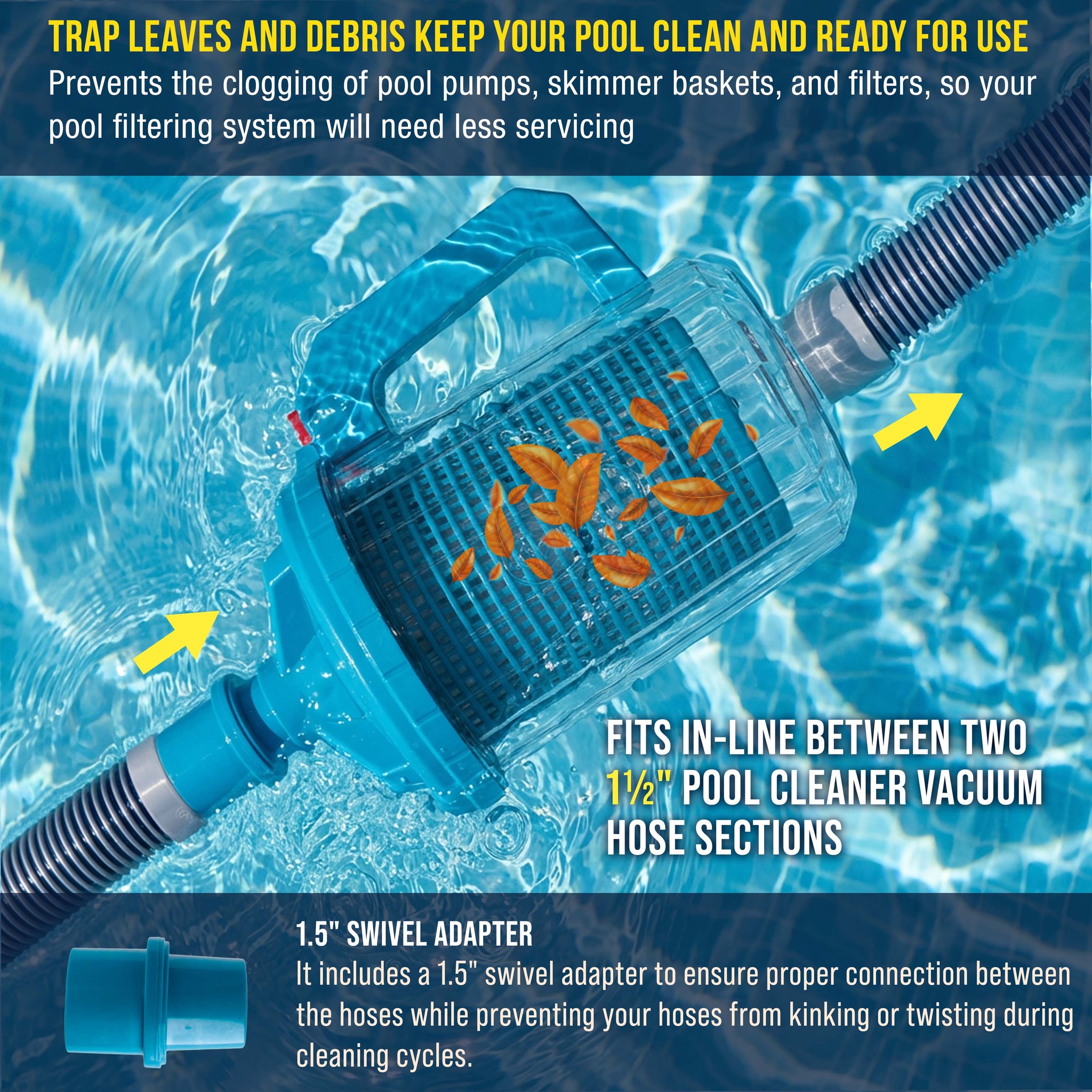 Pool Leaf Canister - Heavy Duty Inline Pool Leaf Catcher, 3-in-1 Filtration (3 Filters, Basket, Mesh Bag & Micro-Cartridge) - Fits 1.5" Hoses, Catch Leaves, Inground Vacuum Cleaner