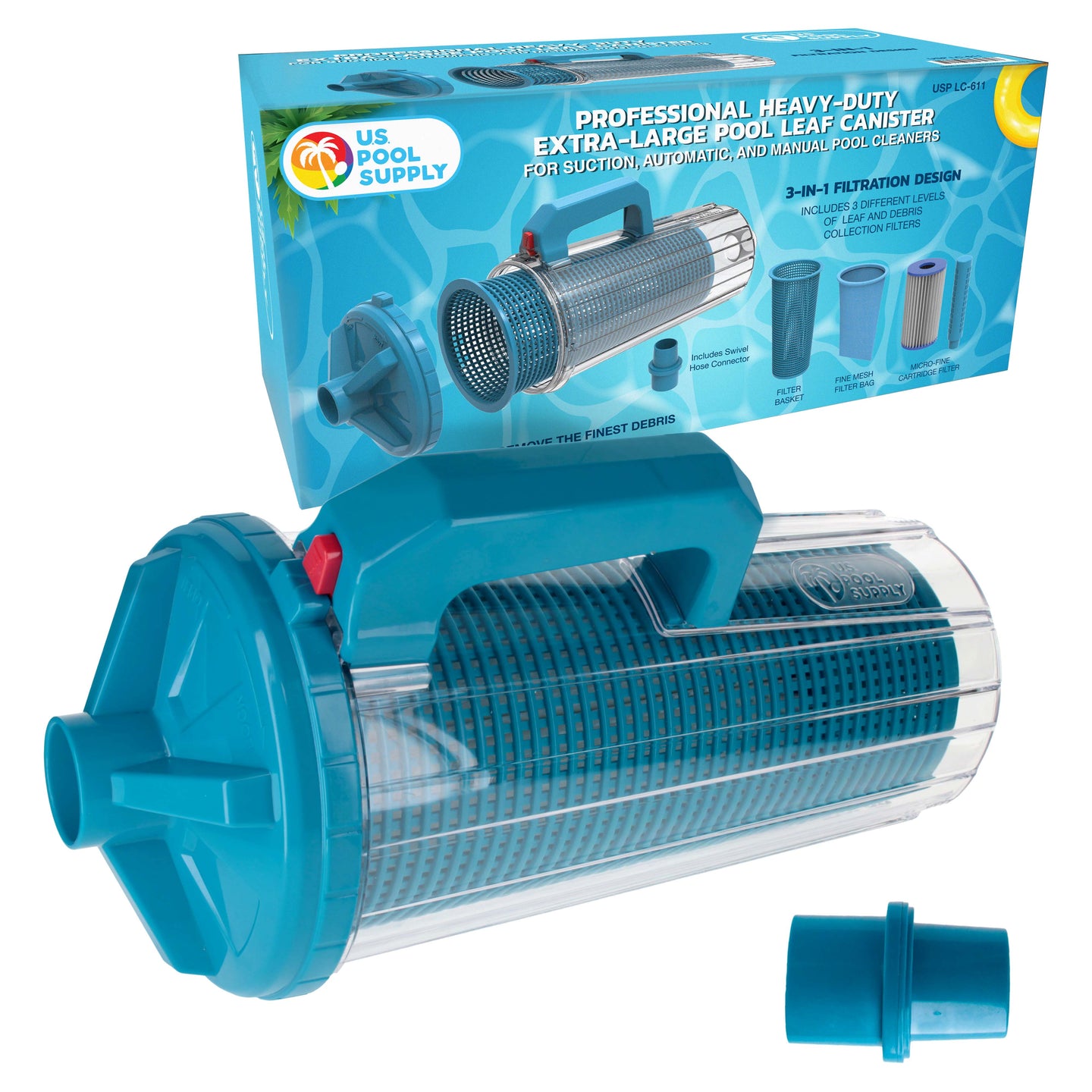 Pool Leaf Canister - XL Heavy Duty Inline Pool Leaf Catcher, 3-in-1 Filtration (3 Filters, Basket, Mesh Bag & Micro-Cartridge) - Fits 1.5" Hoses, Catch Leaves, Inground Vacuum Cleaner