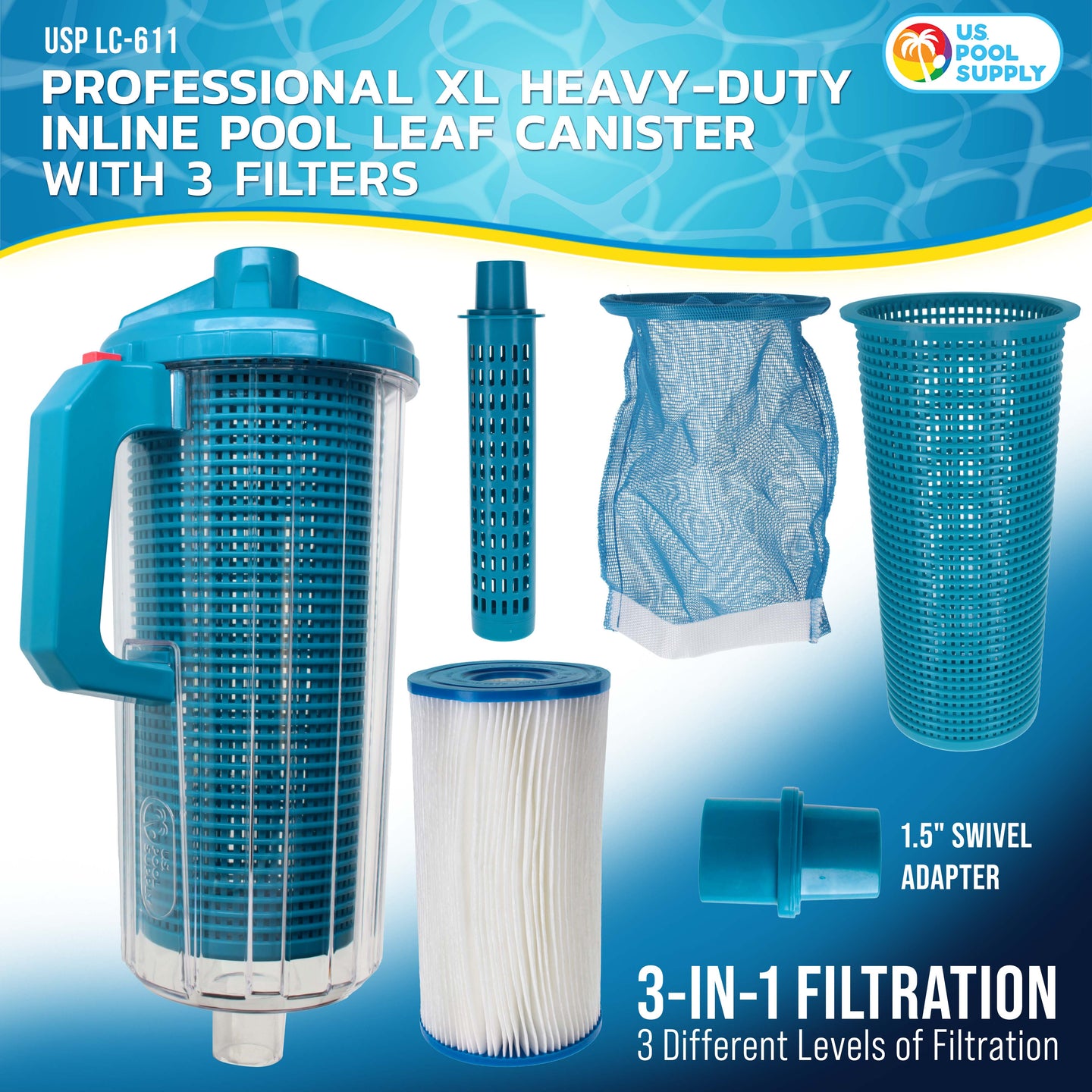 Pool Leaf Canister - XL Heavy Duty Inline Pool Leaf Catcher, 3-in-1 Filtration (3 Filters, Basket, Mesh Bag & Micro-Cartridge) - Fits 1.5" Hoses, Catch Leaves, Inground Vacuum Cleaner