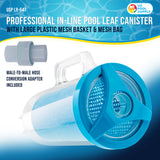 In-line Pool Leaf Canister with Large Plastic Mesh Basket & Mesh Bag - Fits 1-1/2” Pool Cleaner Vacuum Hose Sections - Skims Leaves, Prevents Clogging