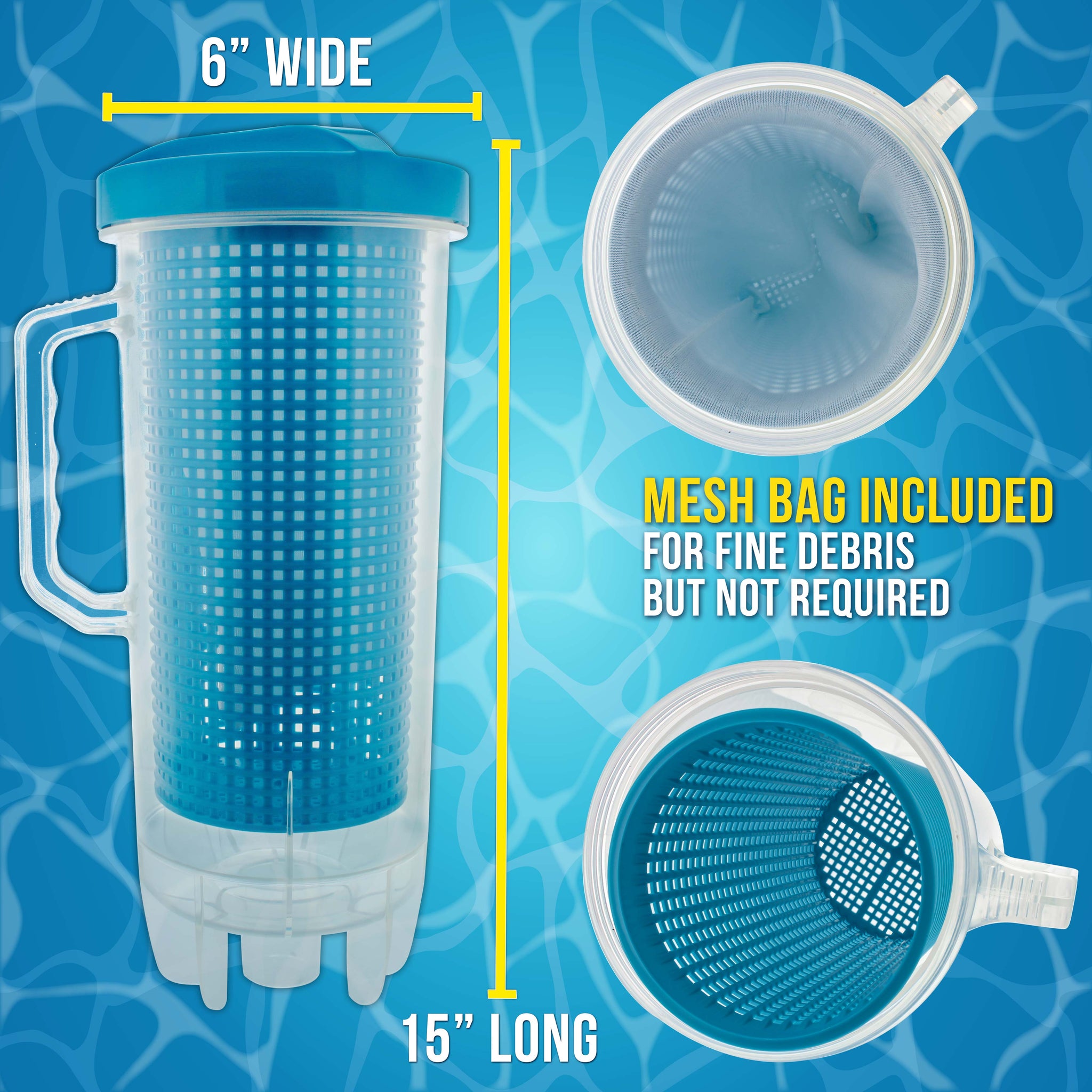 In-line Pool Leaf Canister with Large Plastic Mesh Basket & Mesh Bag - Fits 1-1/2” Pool Cleaner Vacuum Hose Sections - Skims Leaves, Prevents Clogging