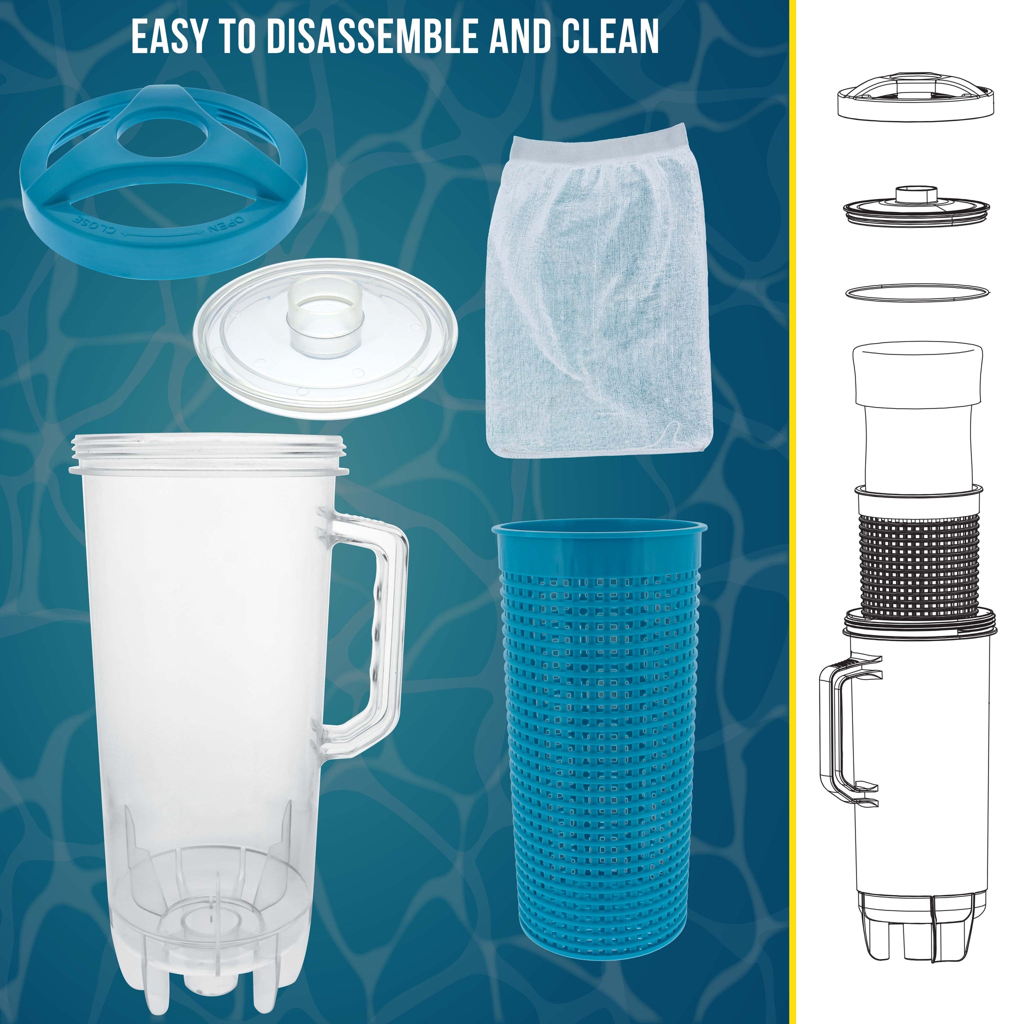 In-line Pool Leaf Canister with Large Plastic Mesh Basket & Mesh Bag - Fits 1-1/2” Pool Cleaner Vacuum Hose Sections - Skims Leaves, Prevents Clogging