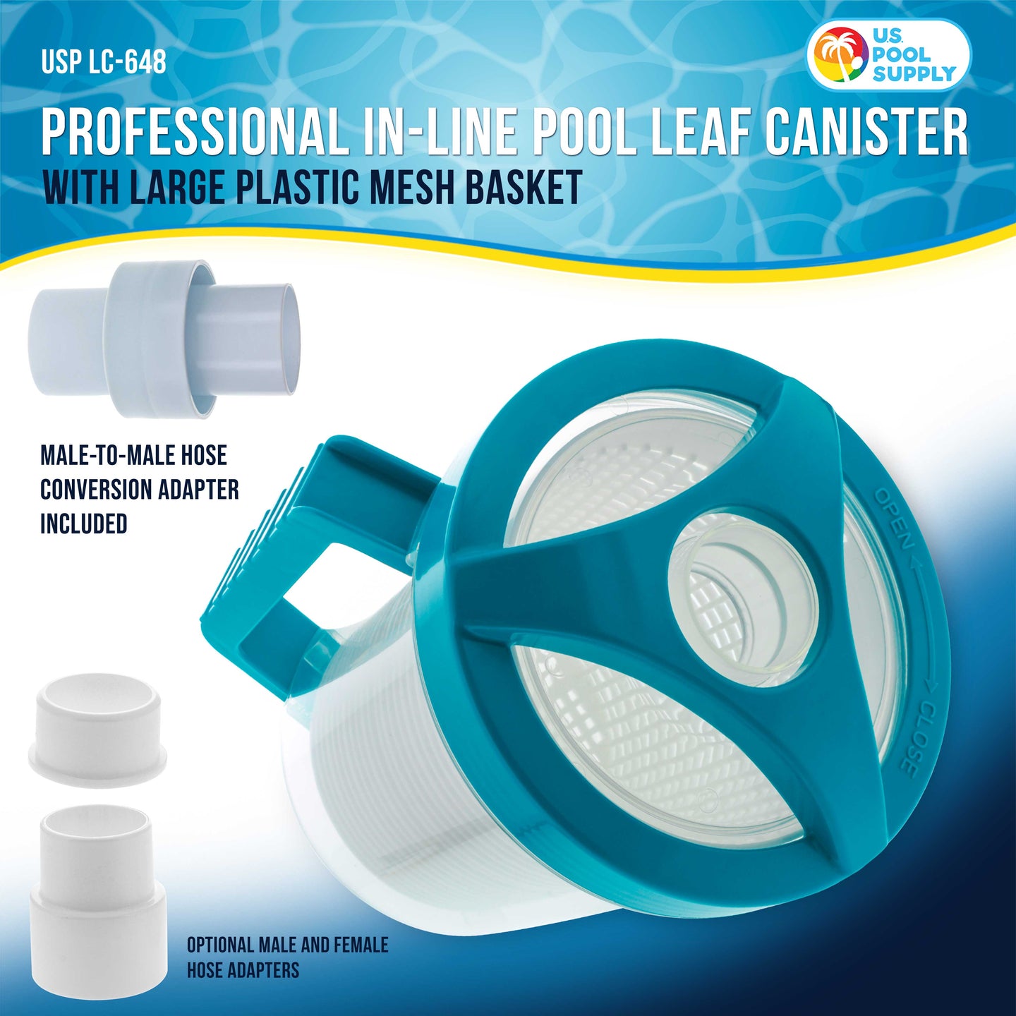 Professional In-line Pool Leaf Canister with Plastic Mesh Filter Basket - Fits 1-1/2” Swimming Pool Cleaner Vacuum Hose Sections - Skim Leaves