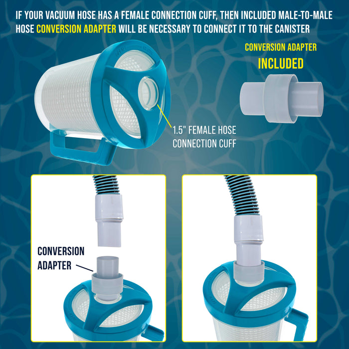 U.S. Pool Supply® Professional In-line Pool Leaf Canister with Plastic Mesh Filter Basket - Fits 1-1/2” Swimming Pool Cleaner Vacuum Hose Sections - Skim Leaves