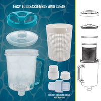 Professional In-line Pool Leaf Canister with Plastic Mesh Filter Basket - Fits 1-1/2” Swimming Pool Cleaner Vacuum Hose Sections - Skim Leaves
