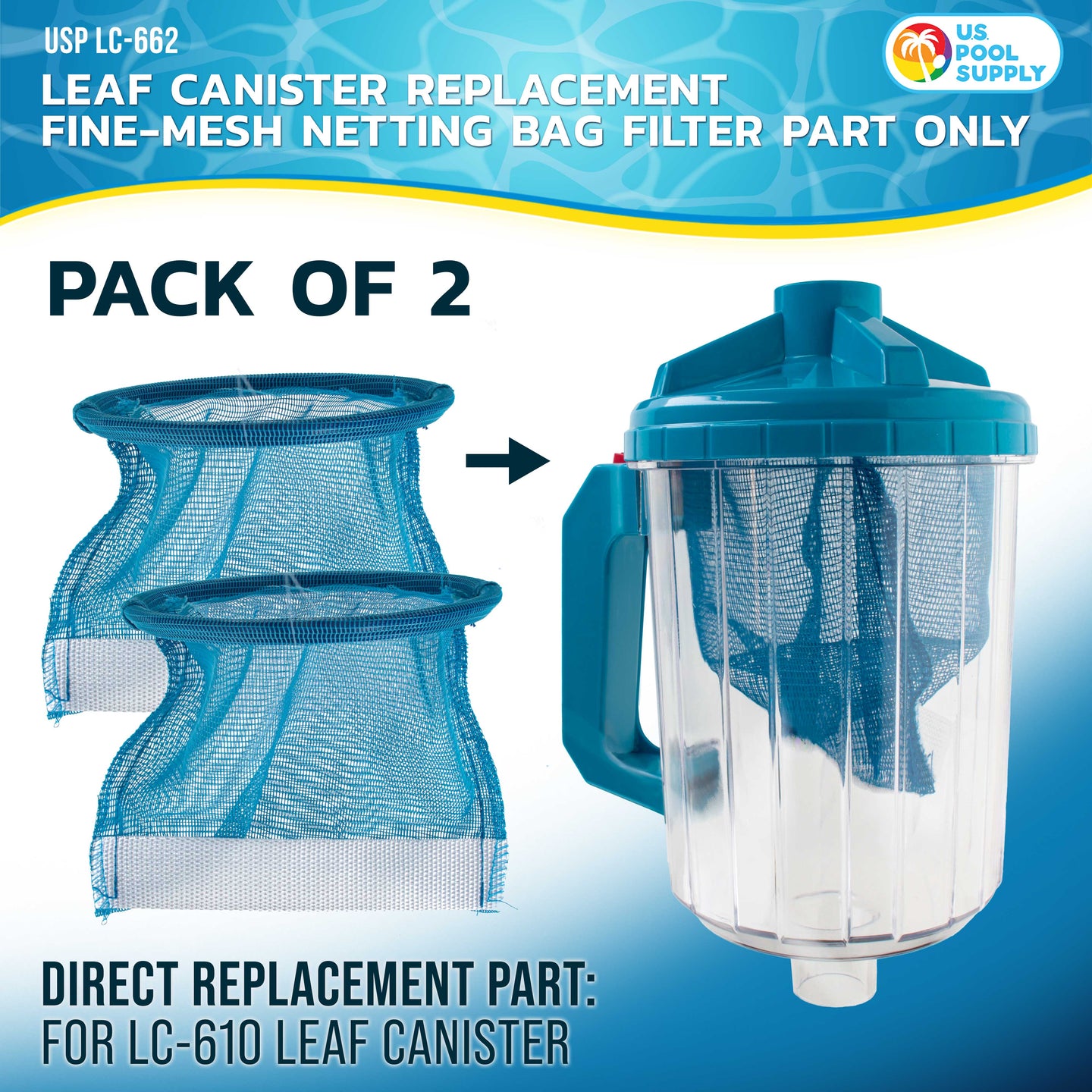Pool Leaf Canister Replacement Fine-Mesh Netting Bag Filter Part Only, Pack of 2 - Fits USP LC-610 Standard Size Heavy Duty Inline 3-in-1 Filtration Pool Leaf Catcher