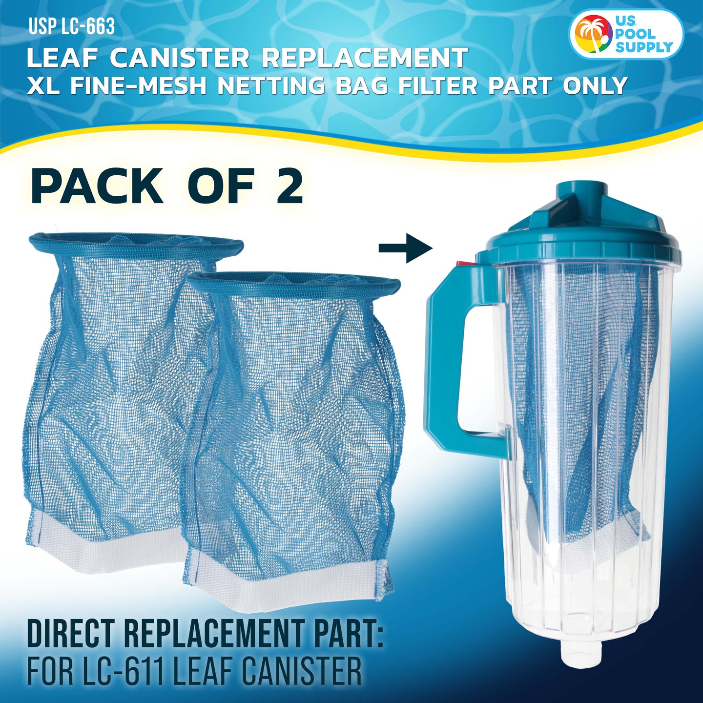 Pool Leaf Canister Replacement XL Fine-Mesh Netting Bag Filter Part Only, Pack of 2 - Fits USP LC-611 XL Heavy Duty Inline 3-in-1 Filtration Pool Leaf Catcher