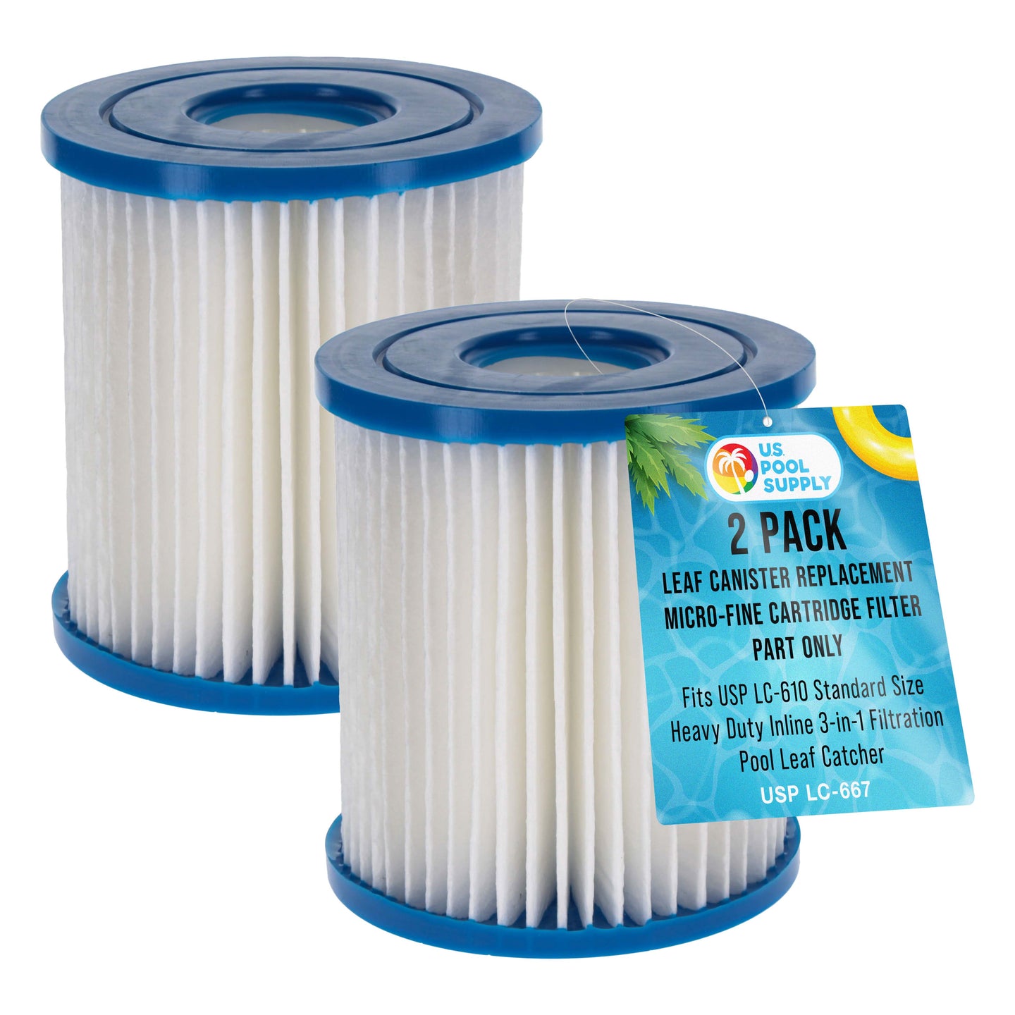 Pool Leaf Canister Replacement Micro-Fine Cartridge Filter Part Only, Pack of 2 - Fits USP LC-610 Standard Size Heavy Duty Inline 3-in-1 Filtration Pool Leaf Catcher