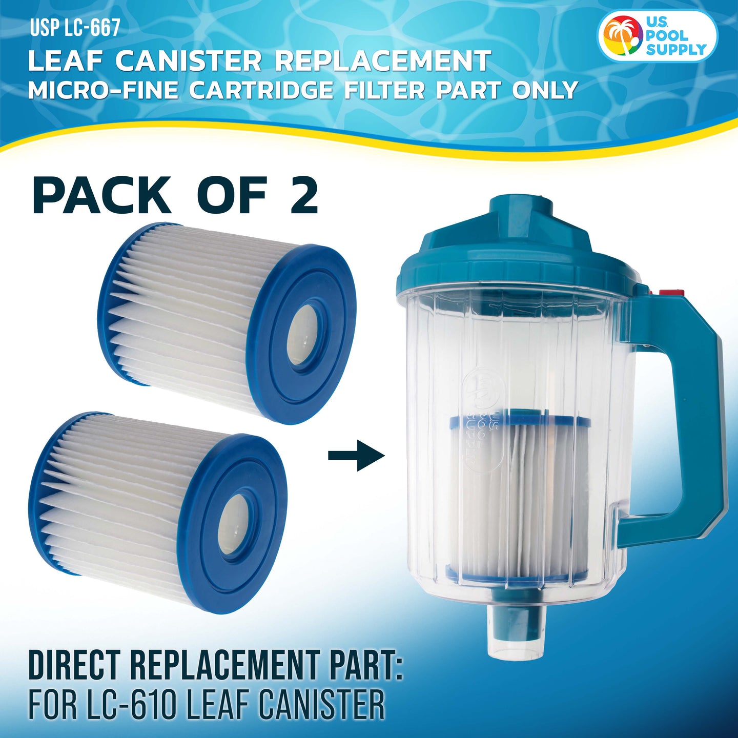 Pool Leaf Canister Replacement Micro-Fine Cartridge Filter Part Only, Pack of 2 - Fits USP LC-610 Standard Size Heavy Duty Inline 3-in-1 Filtration Pool Leaf Catcher