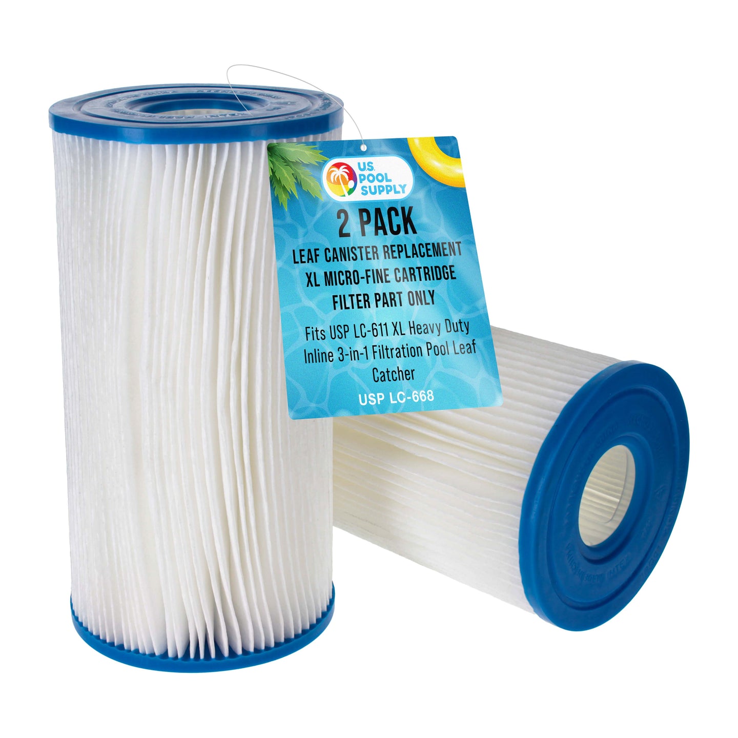 Pool Leaf Canister Replacement XL Micro-Fine Cartridge Filter Part Only, Pack of 2 - Fits USP LC-611 XL Heavy Duty Inline 3-in-1 Filtration Pool Leaf Catcher