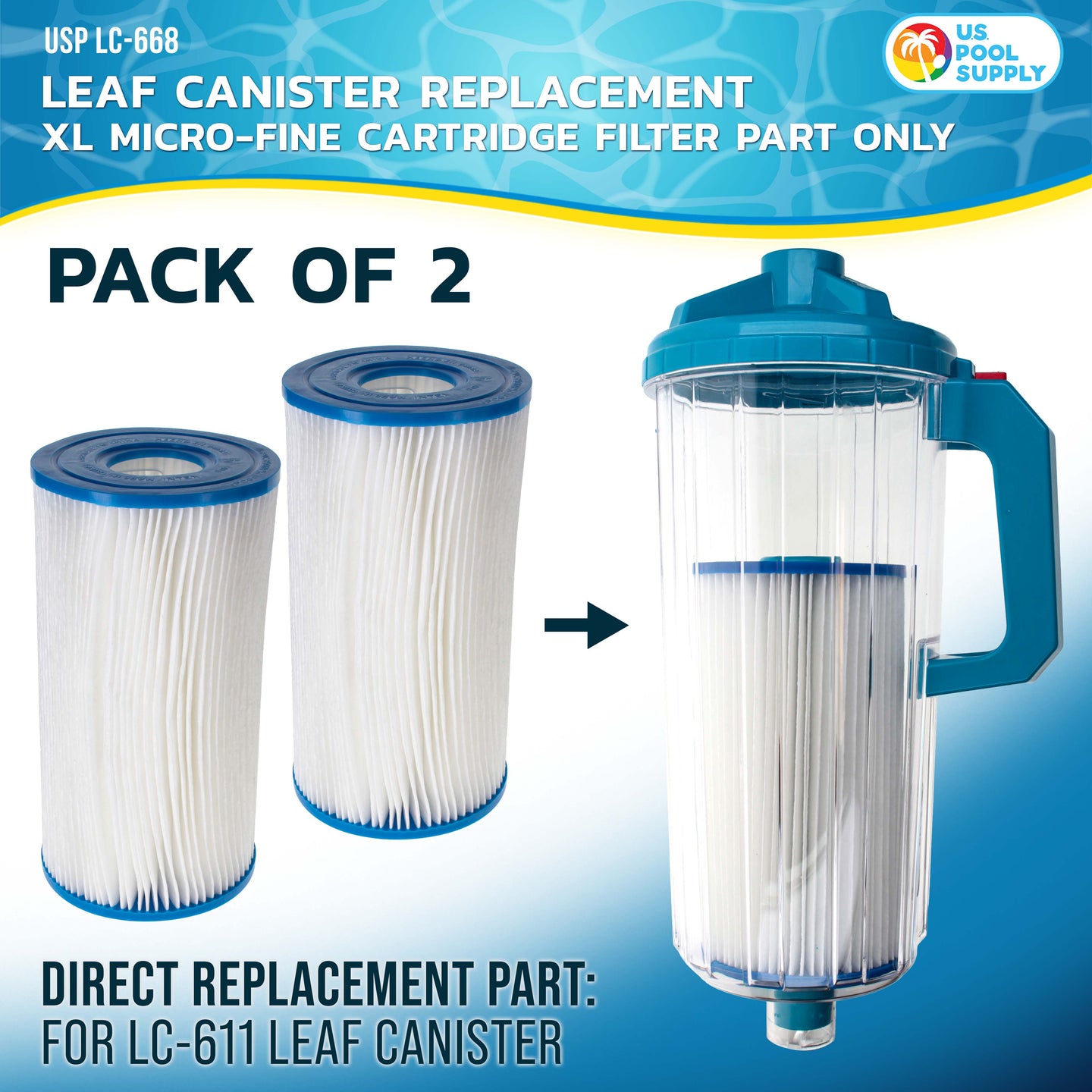 Pool Leaf Canister Replacement XL Micro-Fine Cartridge Filter Part Only, Pack of 2 - Fits USP LC-611 XL Heavy Duty Inline 3-in-1 Filtration Pool Leaf Catcher