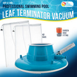 Professional Swimming Pool Leaf Terminator Vacuum - 15" Body, 8 Pressure Jets, 4 Rotating Wheels, 3 Perimeter Brushes, 2 Leaf Bags