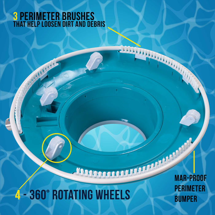 Professional Swimming Pool Leaf Terminator Vacuum - 15" Body, 8 Pressure Jets, 4 Rotating Wheels, 3 Perimeter Brushes, 2 Leaf Bags