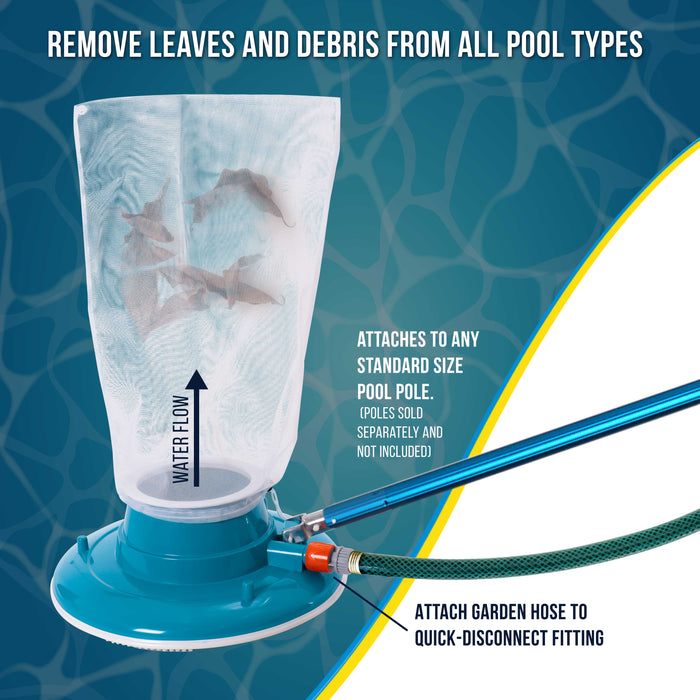 Professional Swimming Pool Leaf Terminator Vacuum - 15" Body, 8 Pressure Jets, 4 Rotating Wheels, 3 Perimeter Brushes, 2 Leaf Bags