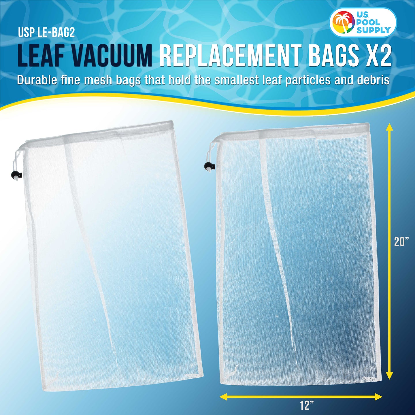 Fine Mesh Filter Bags for Leaf Vacuum Pool Cleaners, 2 Pack - 12" x 20" Replacement Net Bags, Universal Fit, Leaf Terminator, Eater