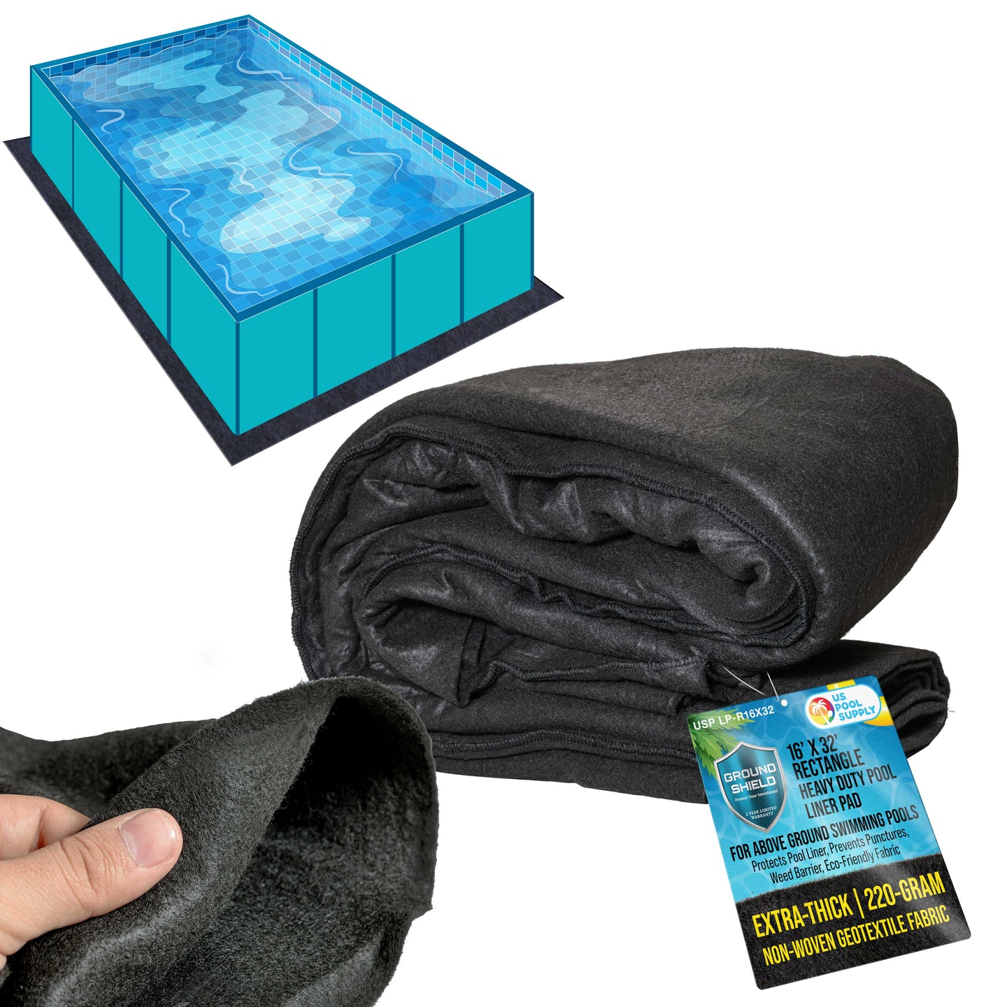 16-Foot x 32-Foot Rectangle Heavy Duty Pool Liner Pad for Above Ground Swimming Pools - Protects Pool Liner, Prevents Punctures
