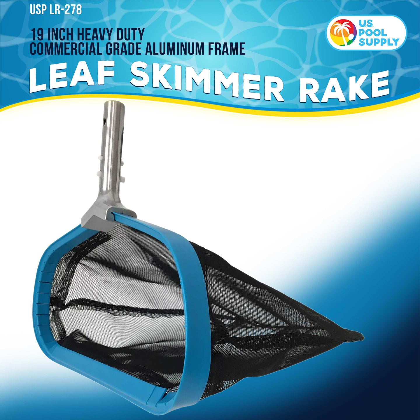 Professional Heavy Duty 19" Swimming Pool Leaf Skimmer Rake with Strong Reinforced Aluminum Frame Handle, Deep Net Bag - Commercial Grade