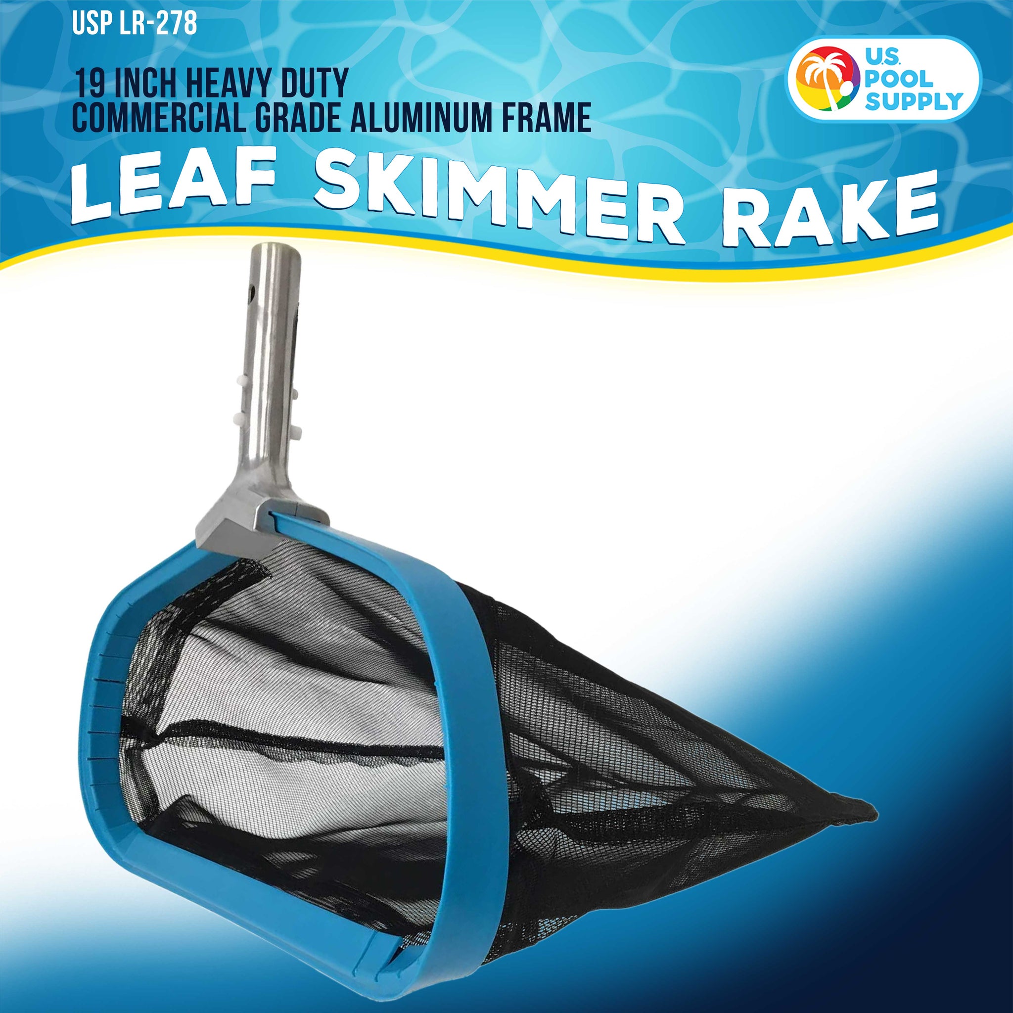 Professional Heavy Duty 19" Swimming Pool Leaf Skimmer Rake with Strong Reinforced Aluminum Frame Handle, Deep Net Bag - Commercial Grade