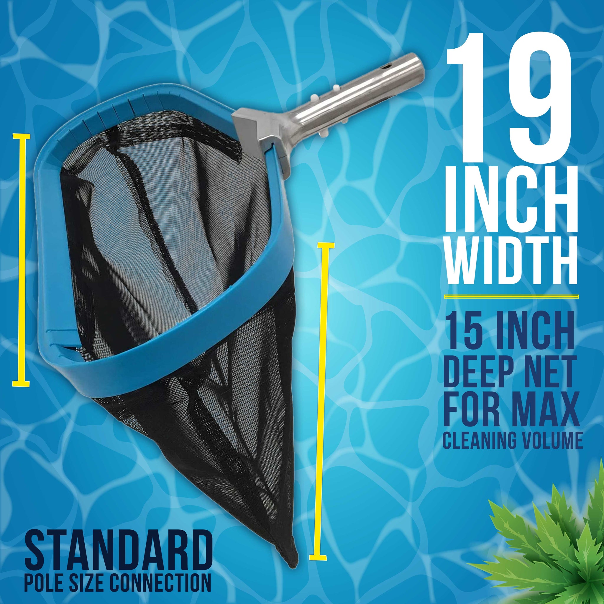 Professional Heavy Duty 19" Swimming Pool Leaf Skimmer Rake with Strong Reinforced Aluminum Frame Handle, Deep Net Bag - Commercial Grade