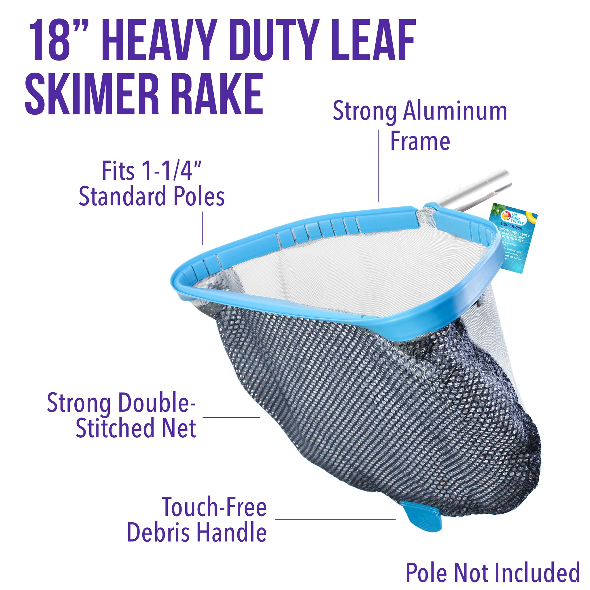 Heavy Duty 18" Swimming Pool Leaf Skimmer Rake with Deep Double-Stitched Net Bag - Strong Aluminum Frame