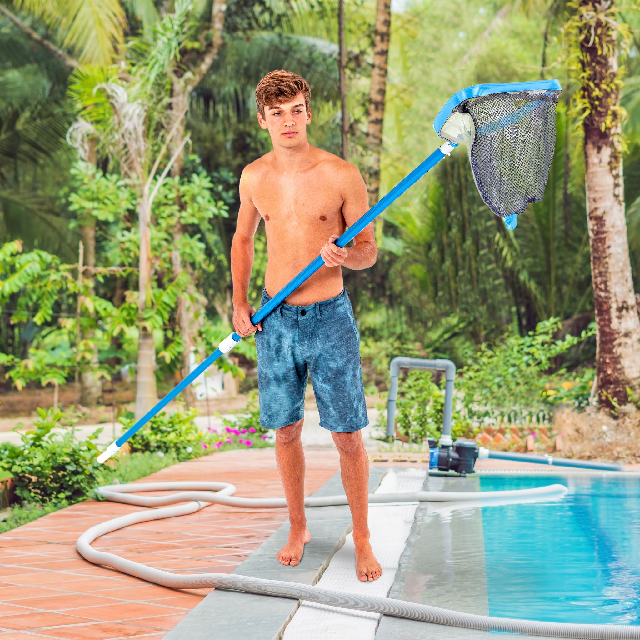 Heavy Duty 18" Swimming Pool Leaf Skimmer Rake with Deep Double-Stitched Net Bag - Strong Aluminum Frame