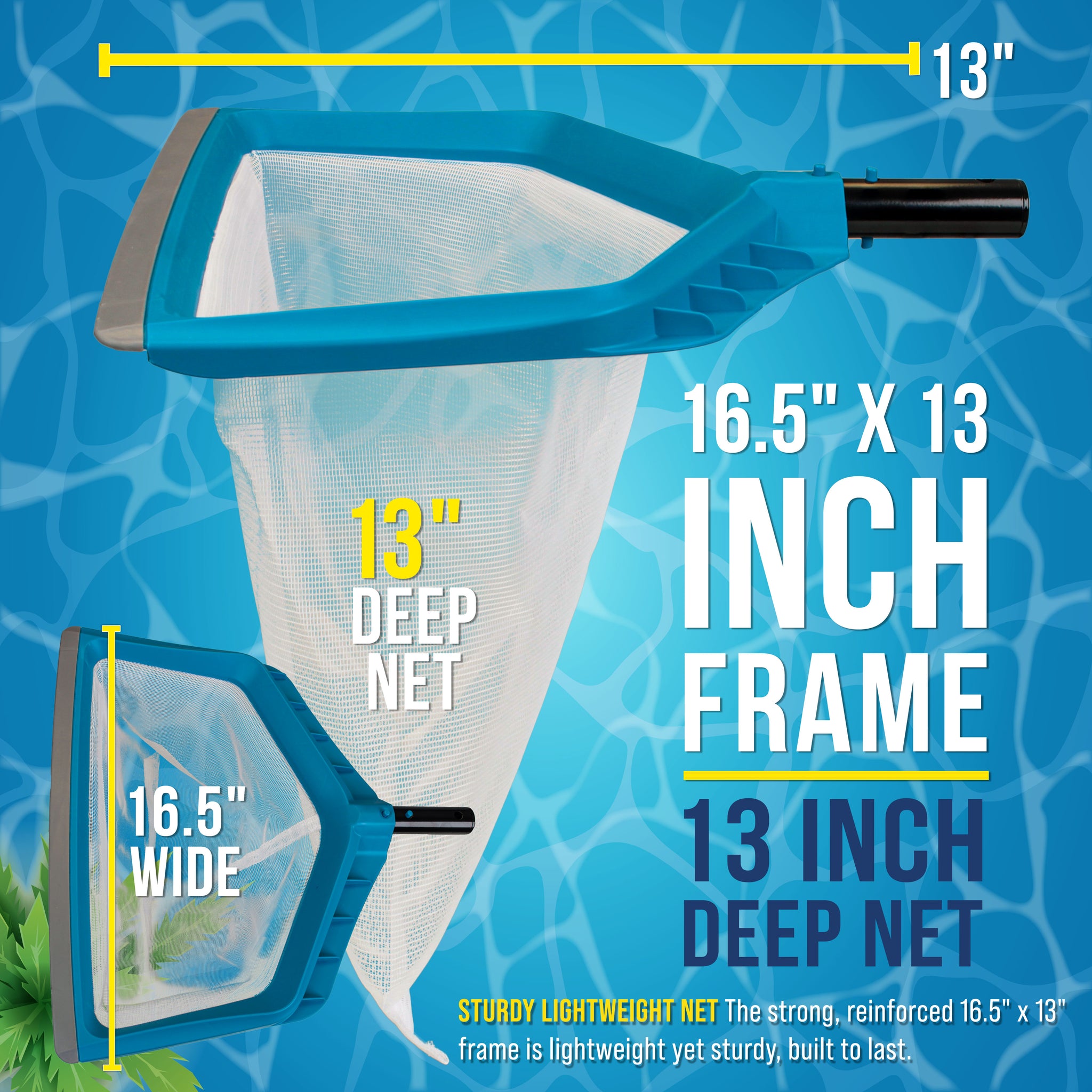 Pool Skimmer Net - Leaf Rake Fine Mesh Pool Skimmer Net, Rubber Scoop Edge, 13" Deep Leaf Bag, Aluminum Pole Handle