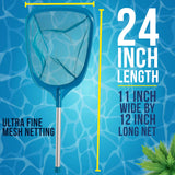 Professional Spa, Hot Tub, Pool Hand Leaf Skimmer Net with 12" Aluminum Pole - Deep Ultra Fine Mesh Netting Bag Basket, Clean the Finest Debris