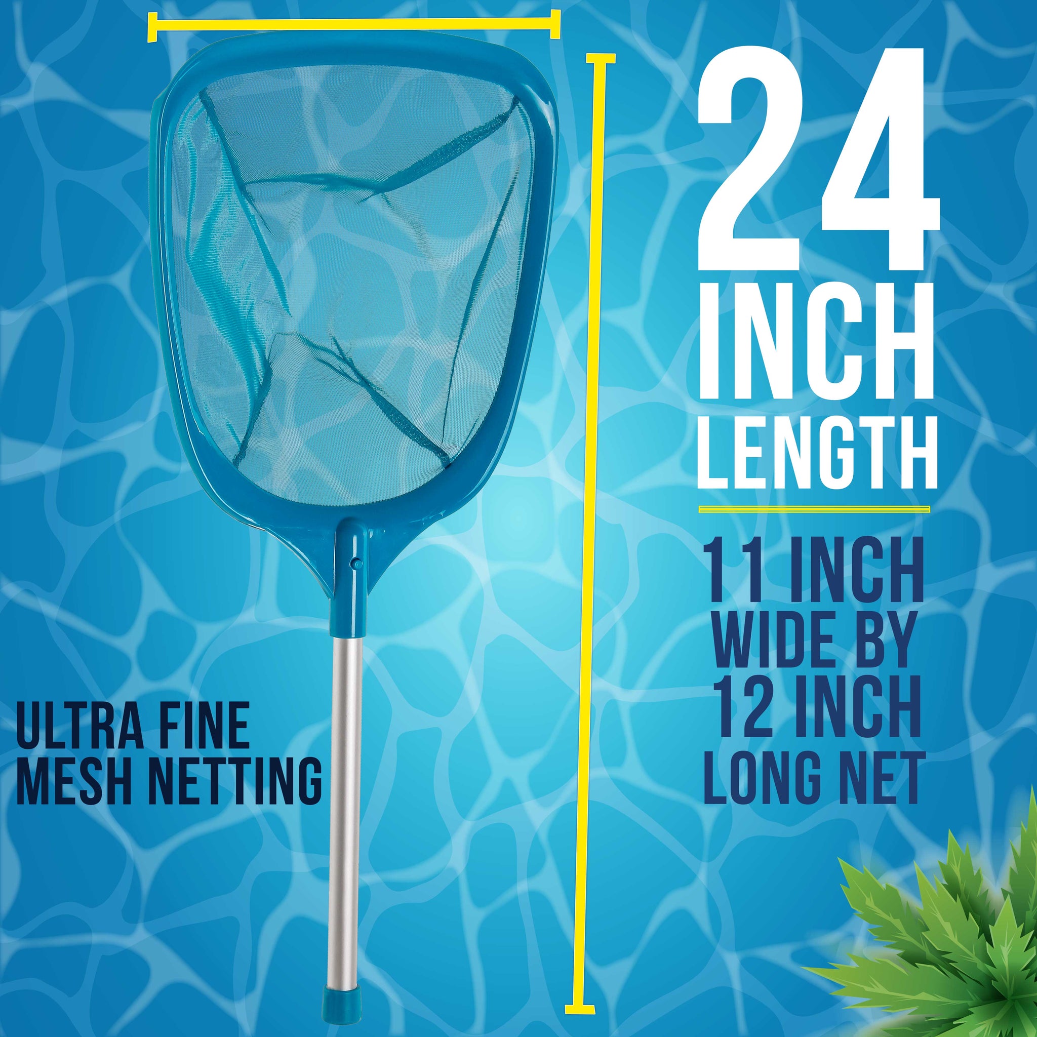 Professional Spa, Hot Tub, Pool Hand Leaf Skimmer Net with 12" Aluminum Pole - Deep Ultra Fine Mesh Netting Bag Basket, Clean the Finest Debris