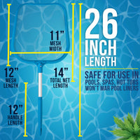 Professional Spa, Hot Tub, Pool Hand Leaf Skimmer Net, 26" Long with 12" Aluminum Pole - Fine Mesh Netting, Cleanout Leaves, Debris