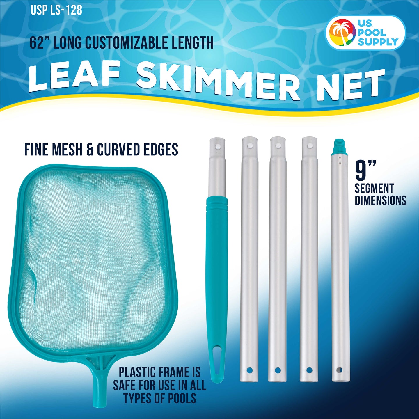 Swimming Pool 5 Foot Leaf Skimmer Net with 5 Aluminum Pole Sections - Fine Mesh Netting for Fast Cleaning of Debris - 60" Long, Above & In-ground Pool