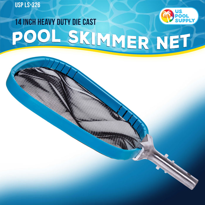 U.S. Pool Supply® Professional Heavy Duty 14" Swimming Pool Leaf Skimmer Net with Strong Reinforced Aluminum Frame Handle - Commercial Grade