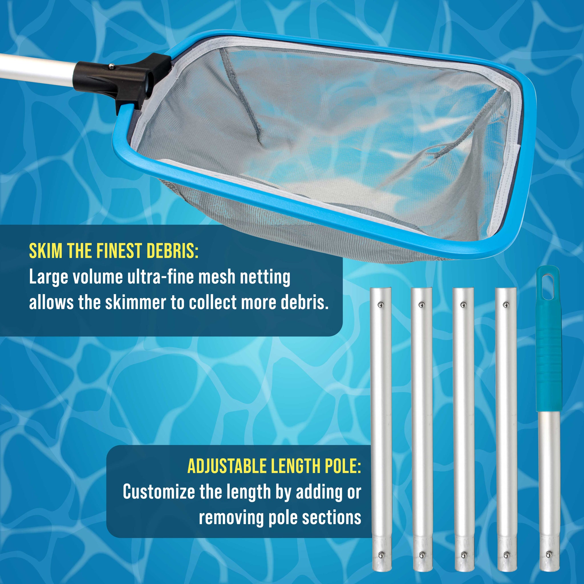 Swimming Pool, Spa 6-Foot Long Leaf Skimmer Net with 13" Aluminum Frame & Pole Sections - 5" Deep Ultra Fine Mesh Netting Bag Basket