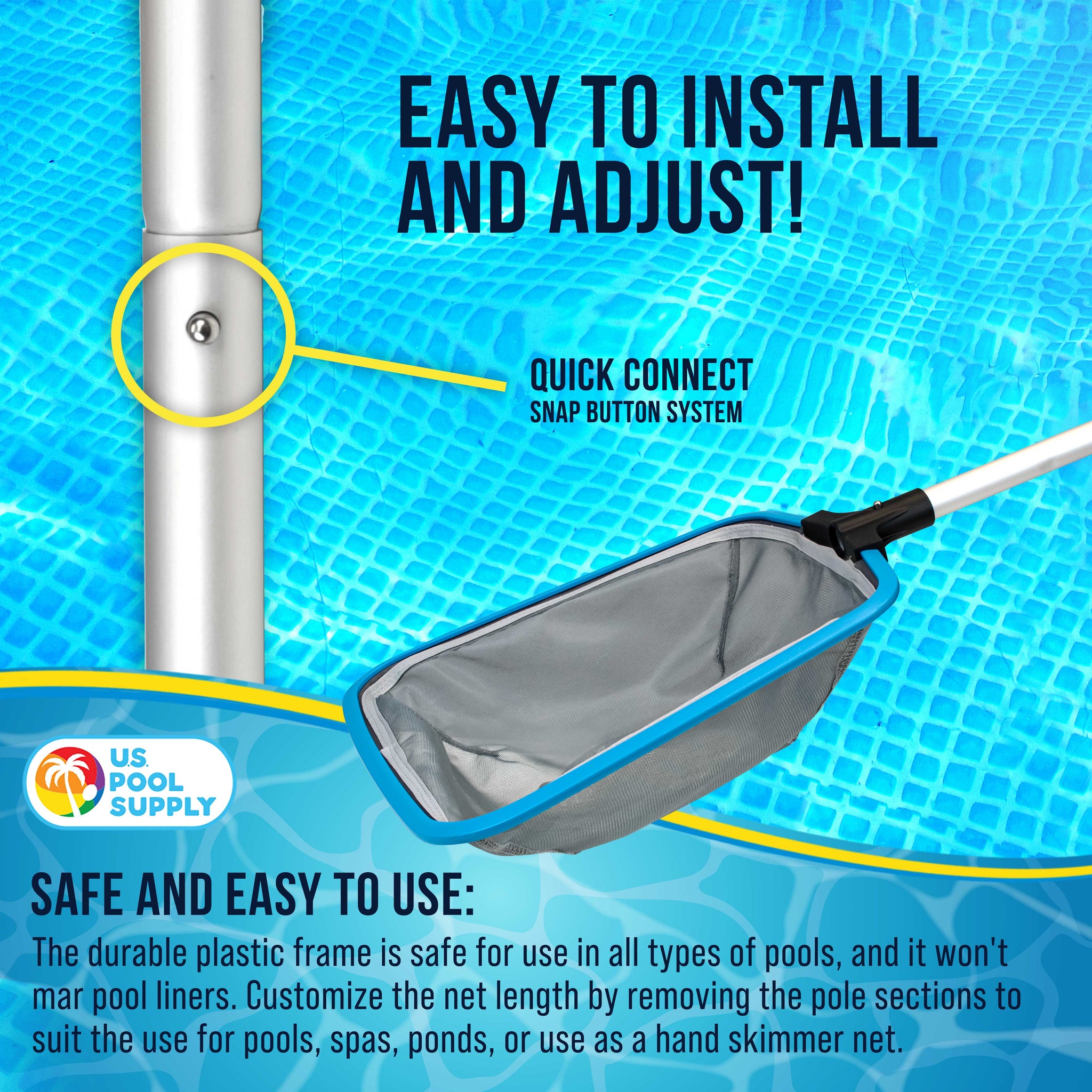 Swimming Pool, Spa 6-Foot Long Leaf Skimmer Net with 13" Aluminum Frame & Pole Sections - 5" Deep Ultra Fine Mesh Netting Bag Basket