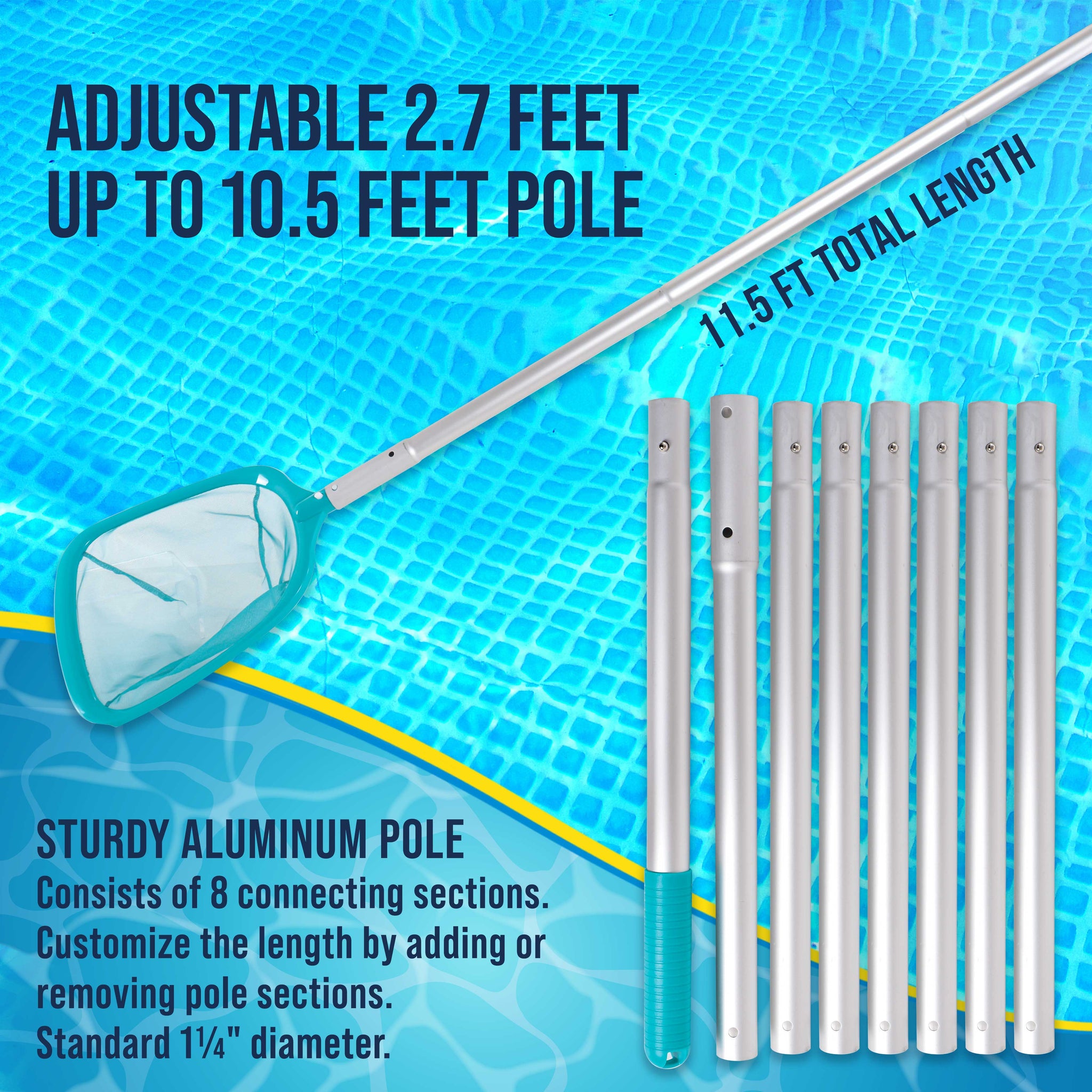 11.5 Foot Swimming Pool Leaf Skimmer Net with Telescopic Aluminum Pole, 8 Sections - 6" Deep Ultra Fine Mesh Netting, Remove Debris