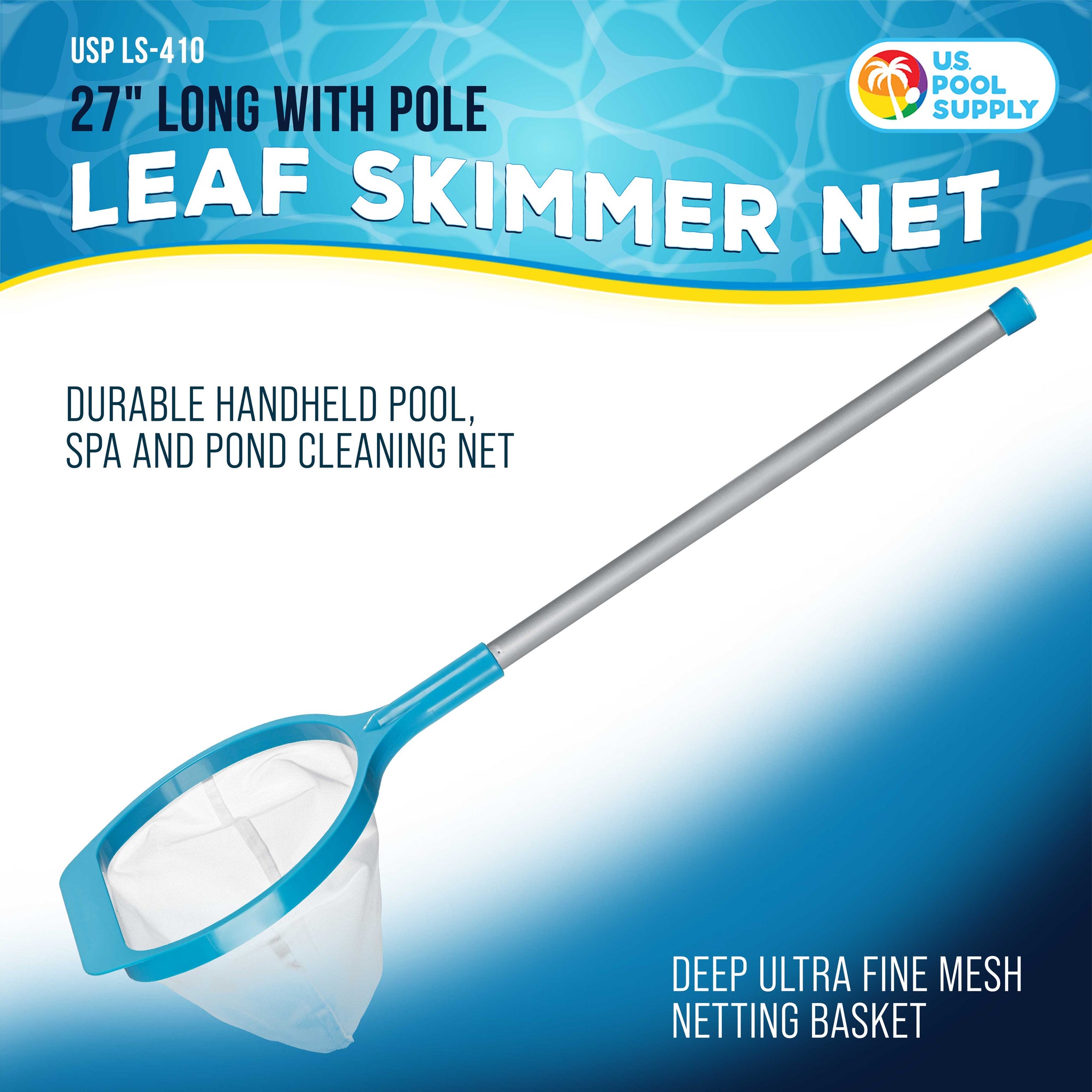 Spa, Hot Tub, Pond, Pool Hand Leaf Skimmer Net, 27" Long with Pole - Deep Ultra Fine Mesh Netting, Handheld Cleaning Finest Debris