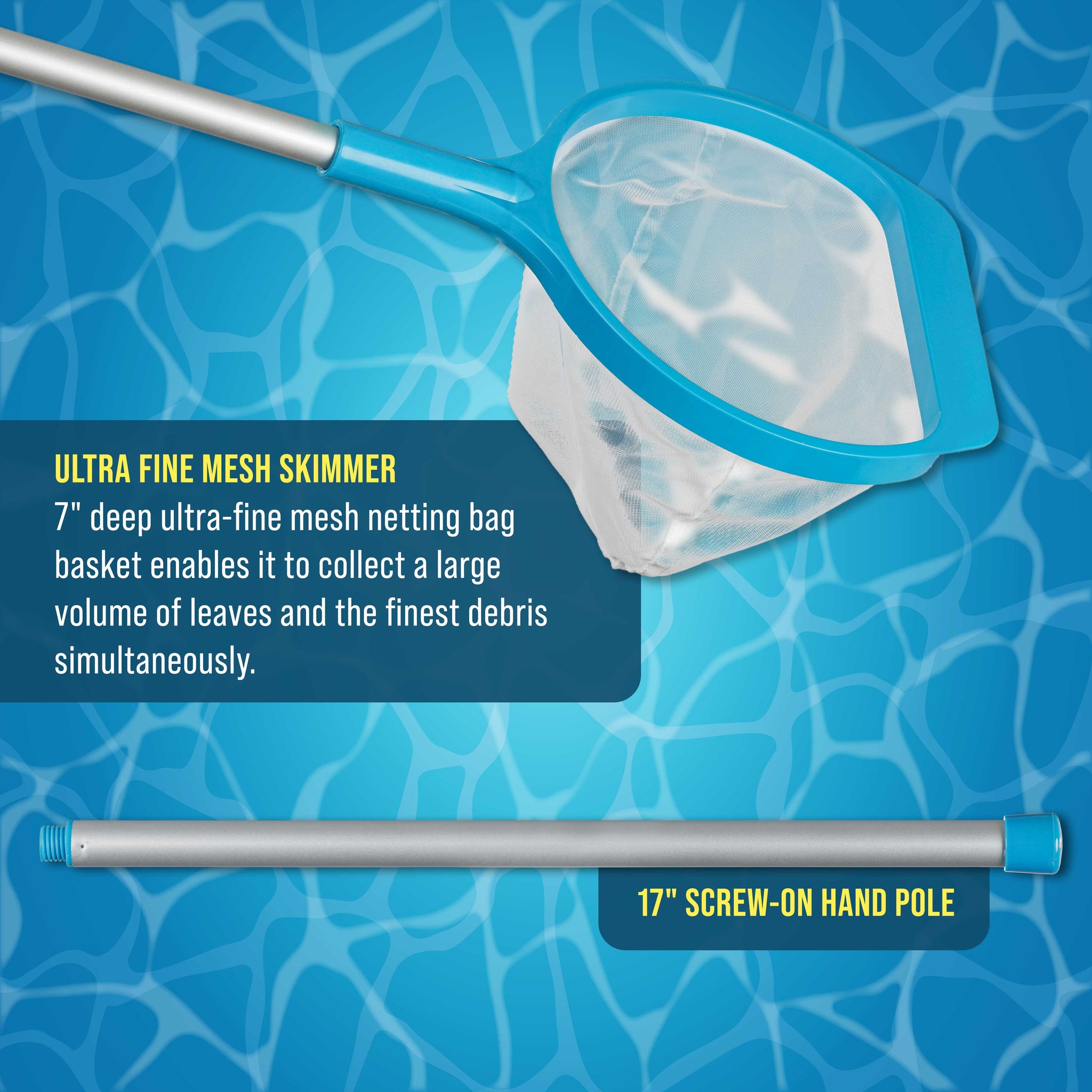 Spa, Hot Tub, Pond, Pool Hand Leaf Skimmer Net, 27" Long with Pole - Deep Ultra Fine Mesh Netting, Handheld Cleaning Finest Debris