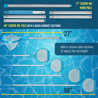 Spa, Hot Tub, Pond, Pool Leaf Skimmer Net, 17" & 48" Long Poles - Deep Ultra Fine Mesh Netting, Handheld Cleaning Clean Finest Debris