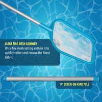 Spa, Hot Tub, Pool Hand Leaf Skimmer Net, 30" Long with Pole - Ultra Fine Mesh Netting, Handheld Pool Cleaning Net, Clean the Finest Debris, Leaves, Ponds - Small Above Ground