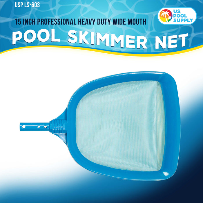 U.S. Pool Supply® Professional Heavy Duty Large 15" x 16" Swimming Pool Leaf Skimmer Net - Wide Mouth Scoop Design for Faster Cleaning, Easier Debris Pickup & Removal