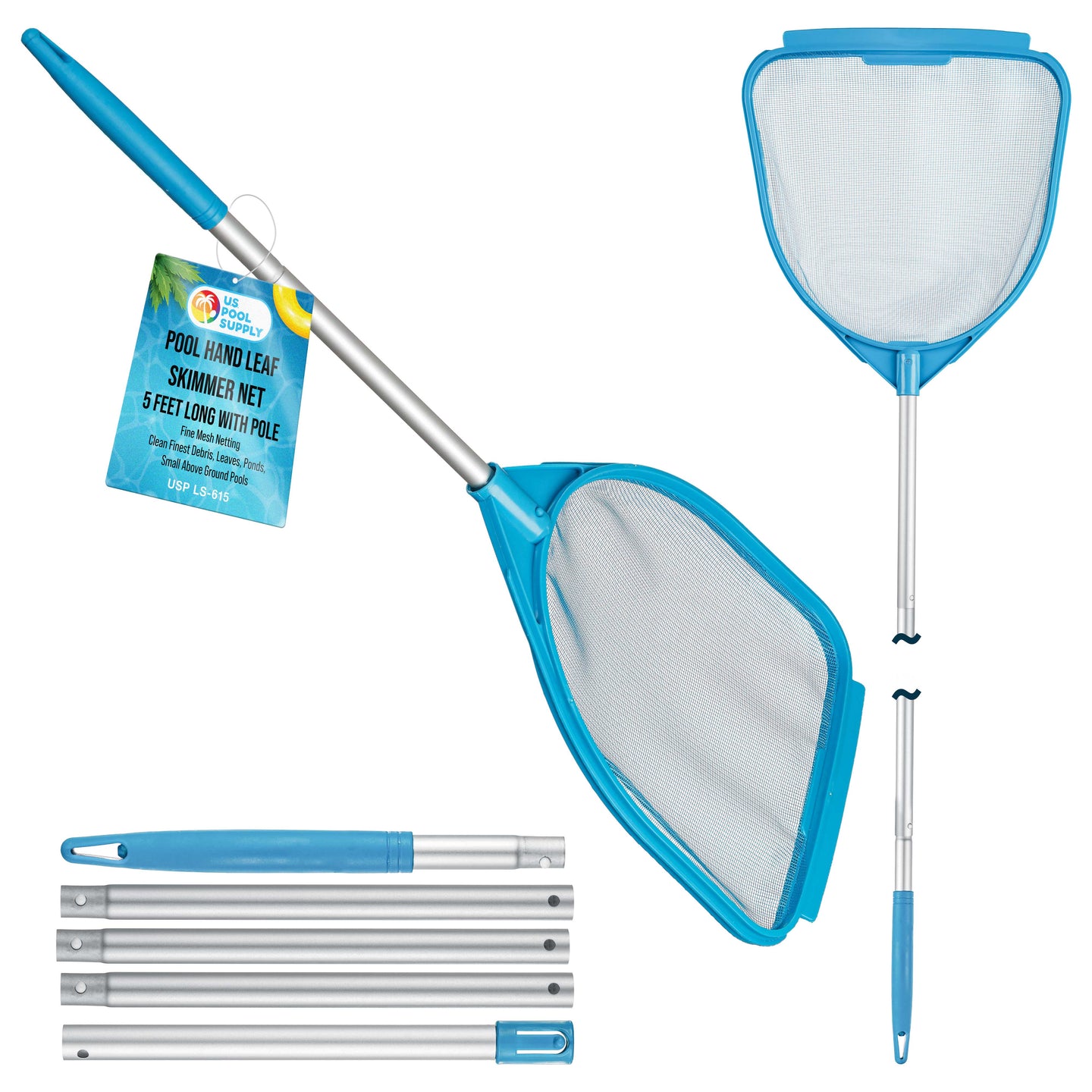 Pool Hand Leaf Skimmer Net, 5 Feet Long with Pole - Fine Mesh Netting, Handheld Pool Cleaning Net, Clean Remove Leaves Debris - Spa, Hot Tub, Ponds, Above Ground Maintenance Accessory