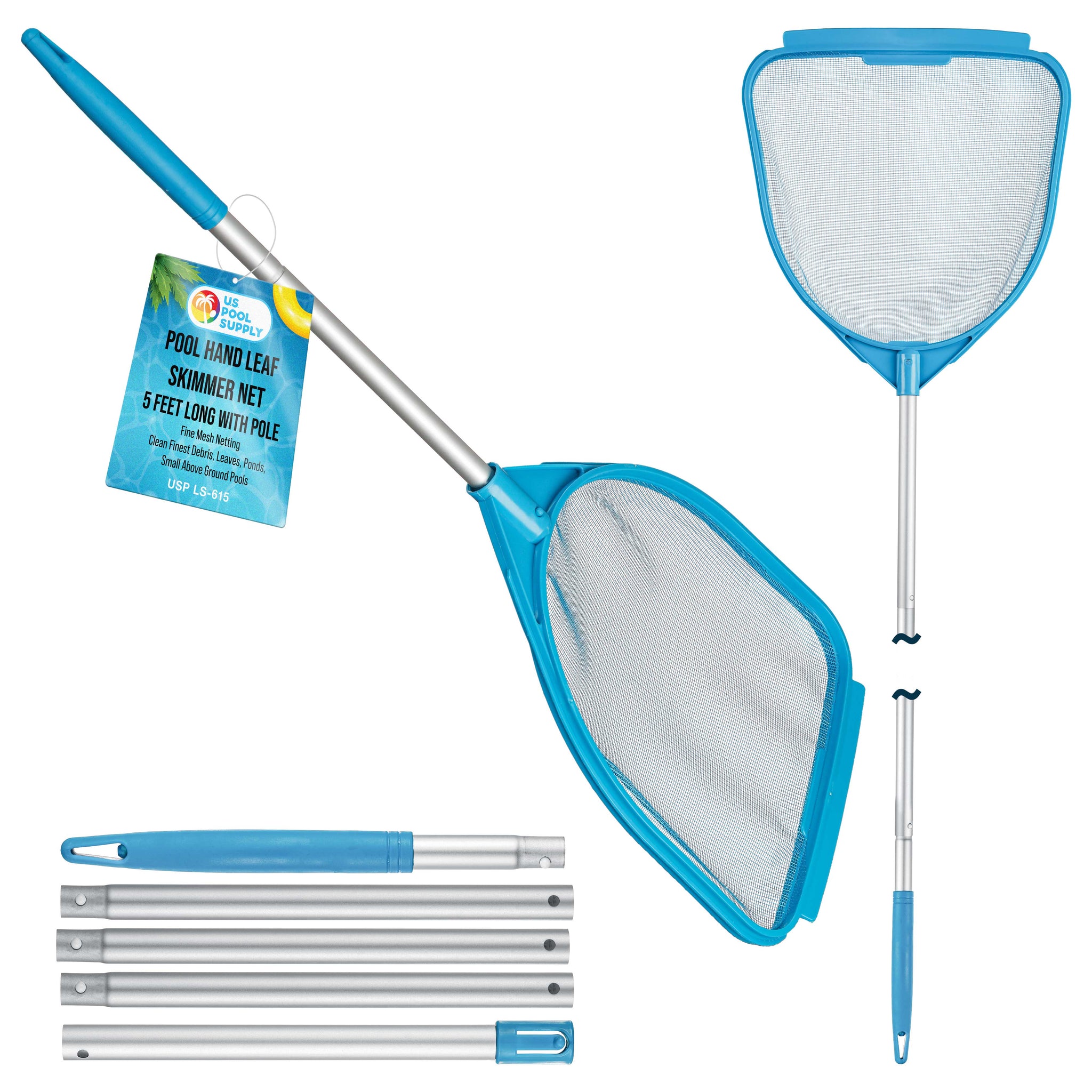 Pool Hand Leaf Skimmer Net, 5 Feet Long with Pole - Fine Mesh Netting, Handheld Pool Cleaning Net, Clean Remove Leaves Debris - Spa, Hot Tub, Ponds, Above Ground Maintenance Accessory