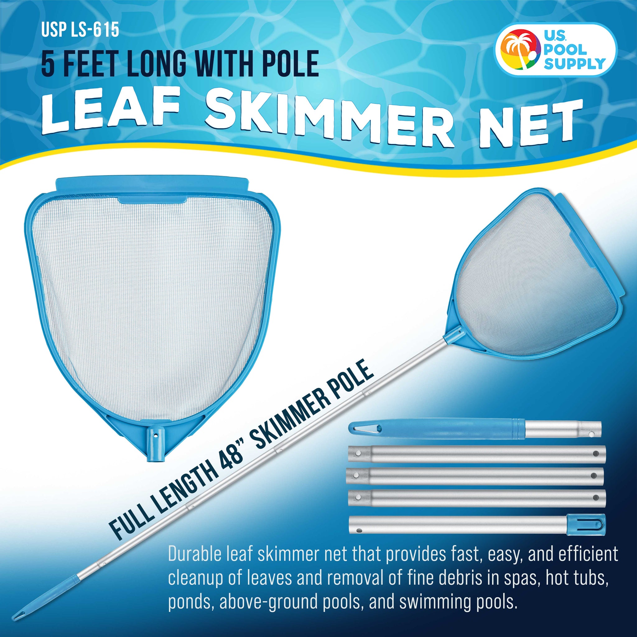 Pool Hand Leaf Skimmer Net, 5 Feet Long with Pole - Fine Mesh Netting, Handheld Pool Cleaning Net, Clean Remove Leaves Debris - Spa, Hot Tub, Ponds, Above Ground Maintenance Accessory