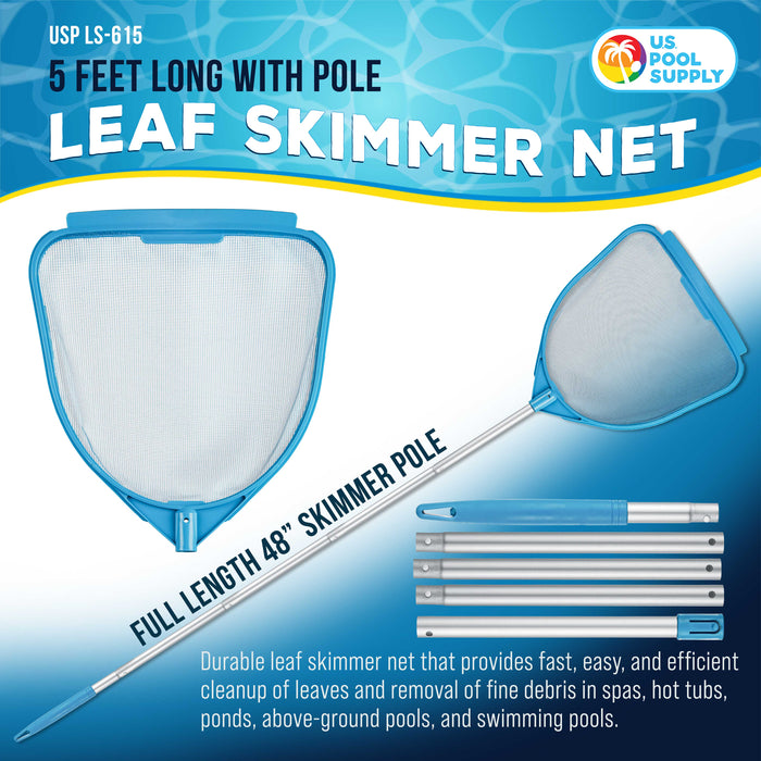 U.S. Pool Supply Pool Hand Leaf Skimmer Net, 5 Feet Long with Pole - Fine Mesh Netting, Handheld Pool Cleaning Net, Clean Remove Leaves Debris - Spa, Hot Tub, Ponds, Above Ground Maintenance Accessory