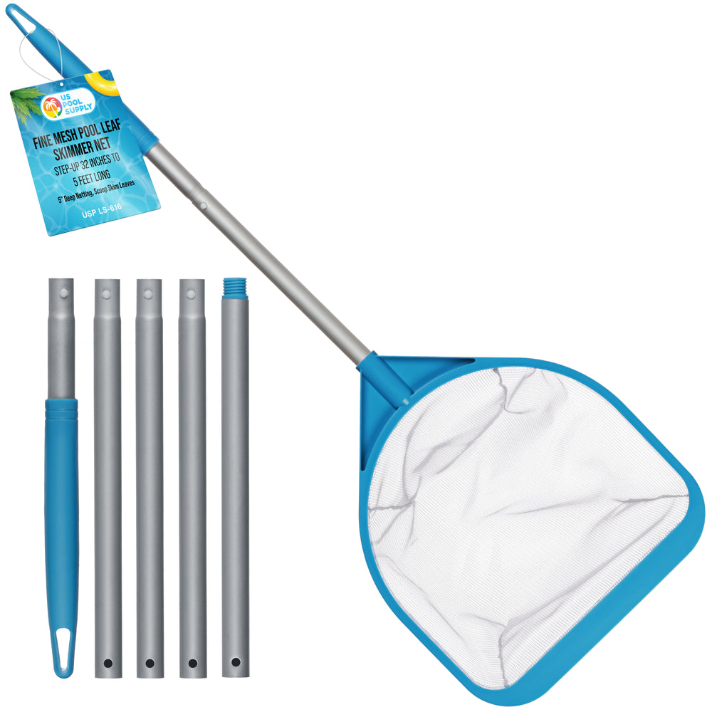 U.S. Pool Supply Pool and Spa Skimmer Net with Pole, Handheld Fine Mesh Pool Leaf Skimmer Net - Hand Held Spa, Hot Tub, Pond Cleaning - Step-Up 32" to 5 Feet Long, 5" Deep Netting, Scoop Skim Leaves