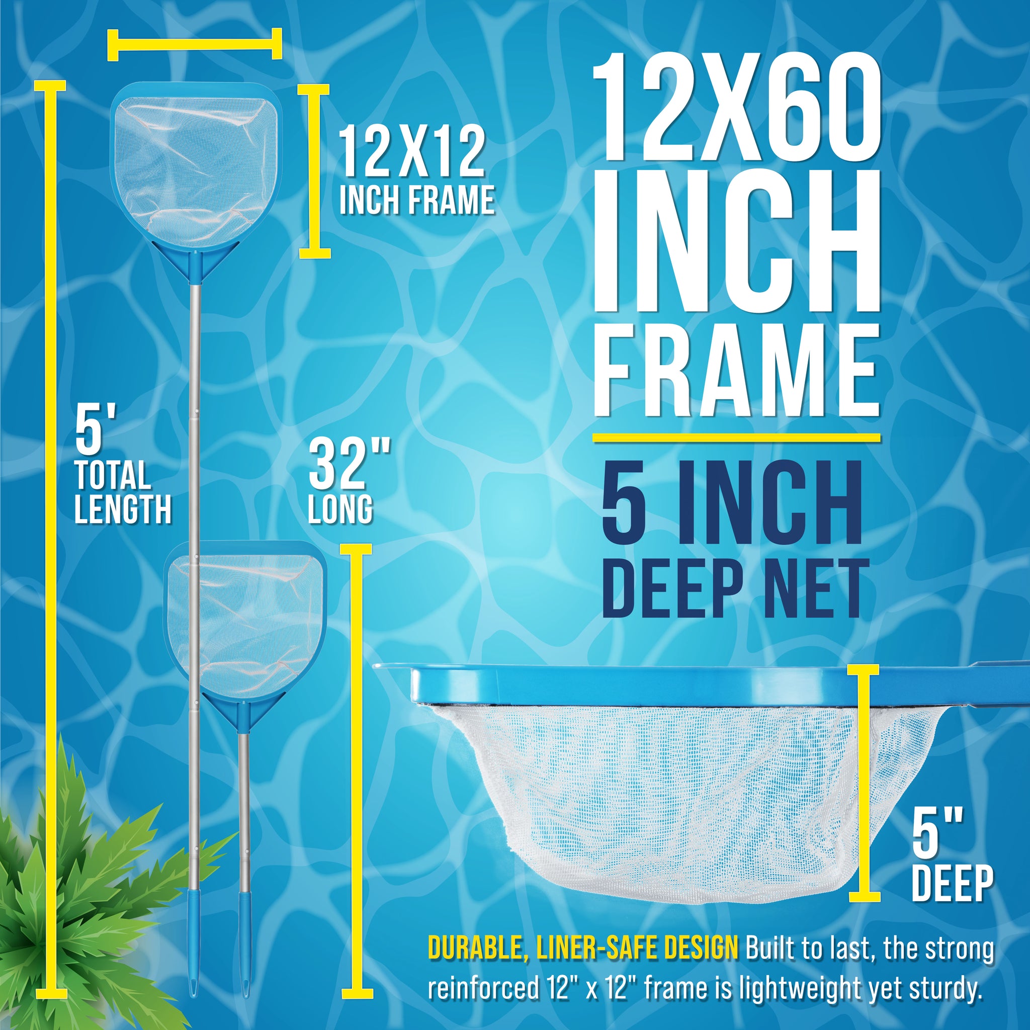 Pool and Spa Skimmer Net with Pole, Handheld Fine Mesh Pool Leaf Skimmer Net - Hand Held Spa, Hot Tub, Pond Cleaning - Step-Up 32" to 5 Feet Long, 5" Deep Netting, Scoop Skim Leaves