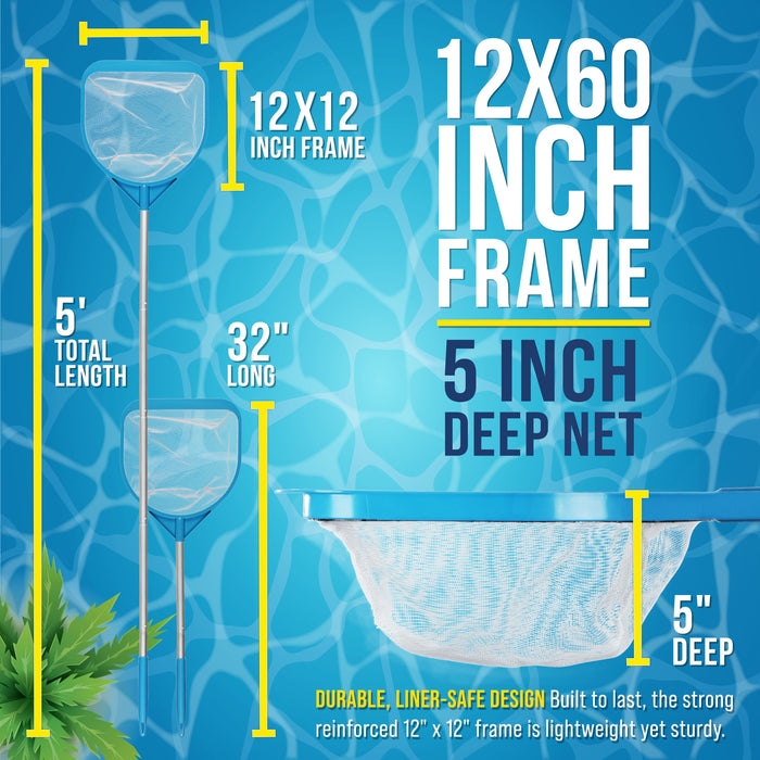 U.S. Pool Supply Pool and Spa Skimmer Net with Pole, Handheld Fine Mesh Pool Leaf Skimmer Net - Hand Held Spa, Hot Tub, Pond Cleaning - Step-Up 32" to 5 Feet Long, 5" Deep Netting, Scoop Skim Leaves