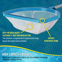 Pool and Spa Skimmer Net with Pole, Handheld Fine Mesh Pool Leaf Skimmer Net - Hand Held Spa, Hot Tub, Pond Cleaning - Step-Up 32" to 5 Feet Long, 5" Deep Netting, Scoop Skim Leaves