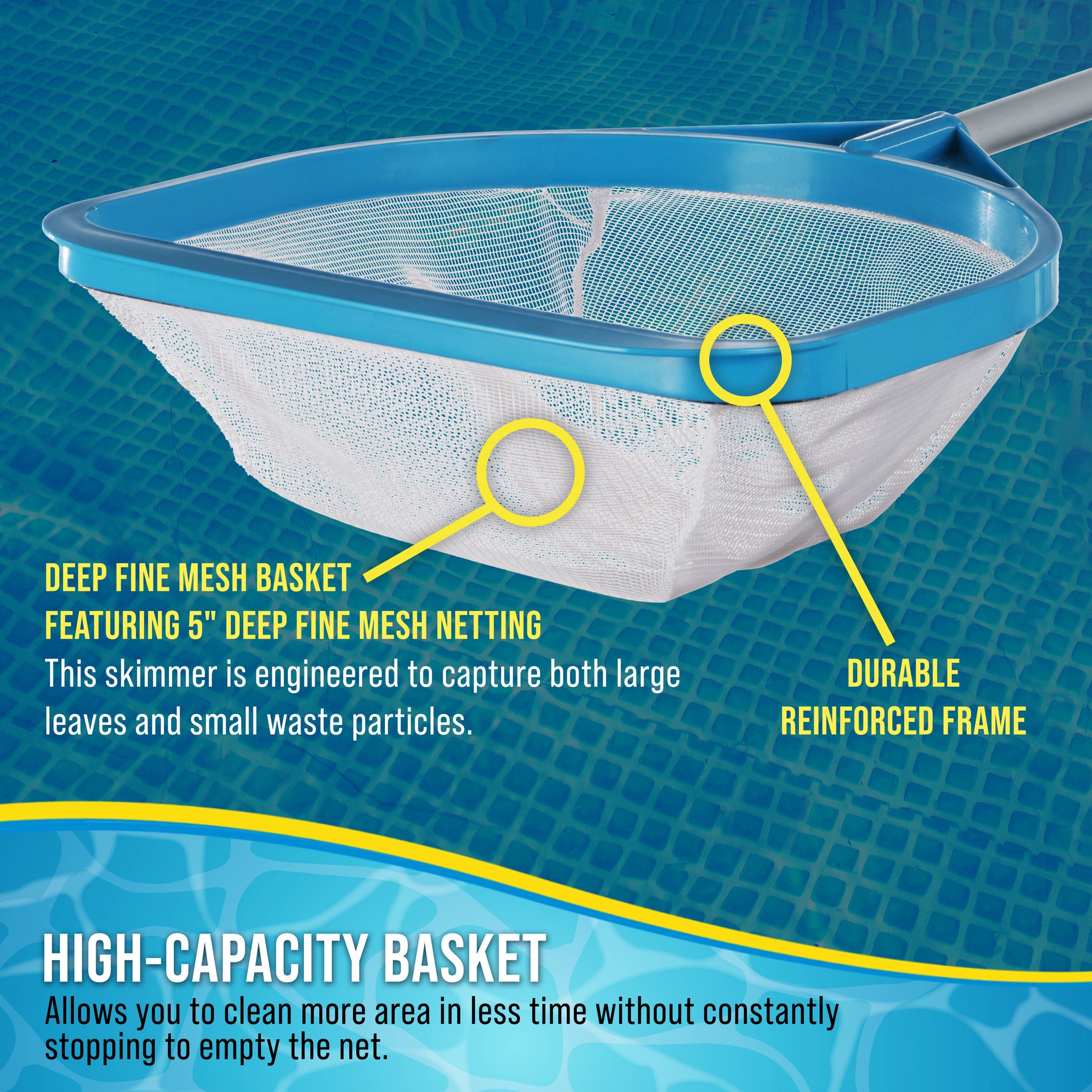 Pool and Spa Skimmer Net with Pole, Handheld Fine Mesh Pool Leaf Skimmer Net - Hand Held Spa, Hot Tub, Pond Cleaning - Step-Up 32" to 5 Feet Long, 5" Deep Netting, Scoop Skim Leaves